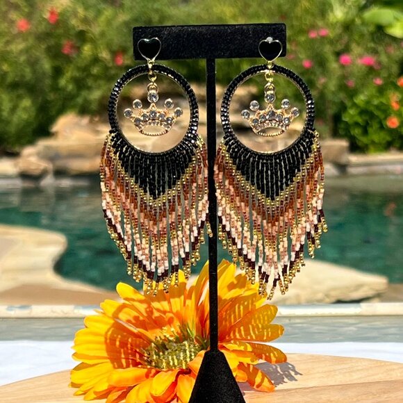 Handmade Beaded Queen Long Fringe Dangle Drop Lightweight Post Hoop Earrings - Picture 7 of 10